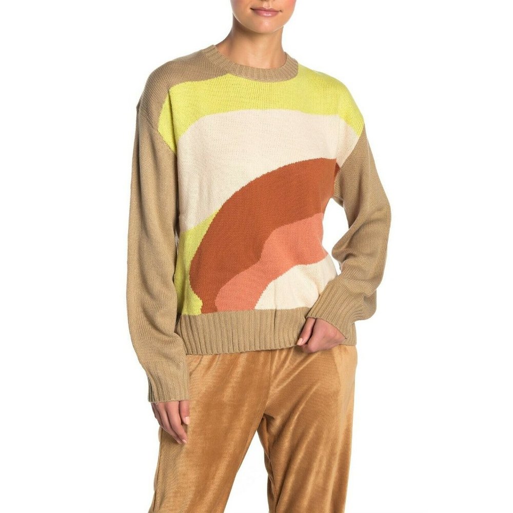 Lush Women's Tan Green Retro Colorblock Knit Sweat